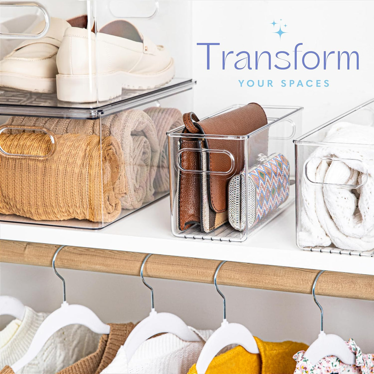 Clear Plastic 4 Pack Storage Container Bin with Integrated Easy Grip Handles. For Kitchen, Fridge, Freezer, Cabinet, Pantry, Bathroom Organization. 10"x4"x5"