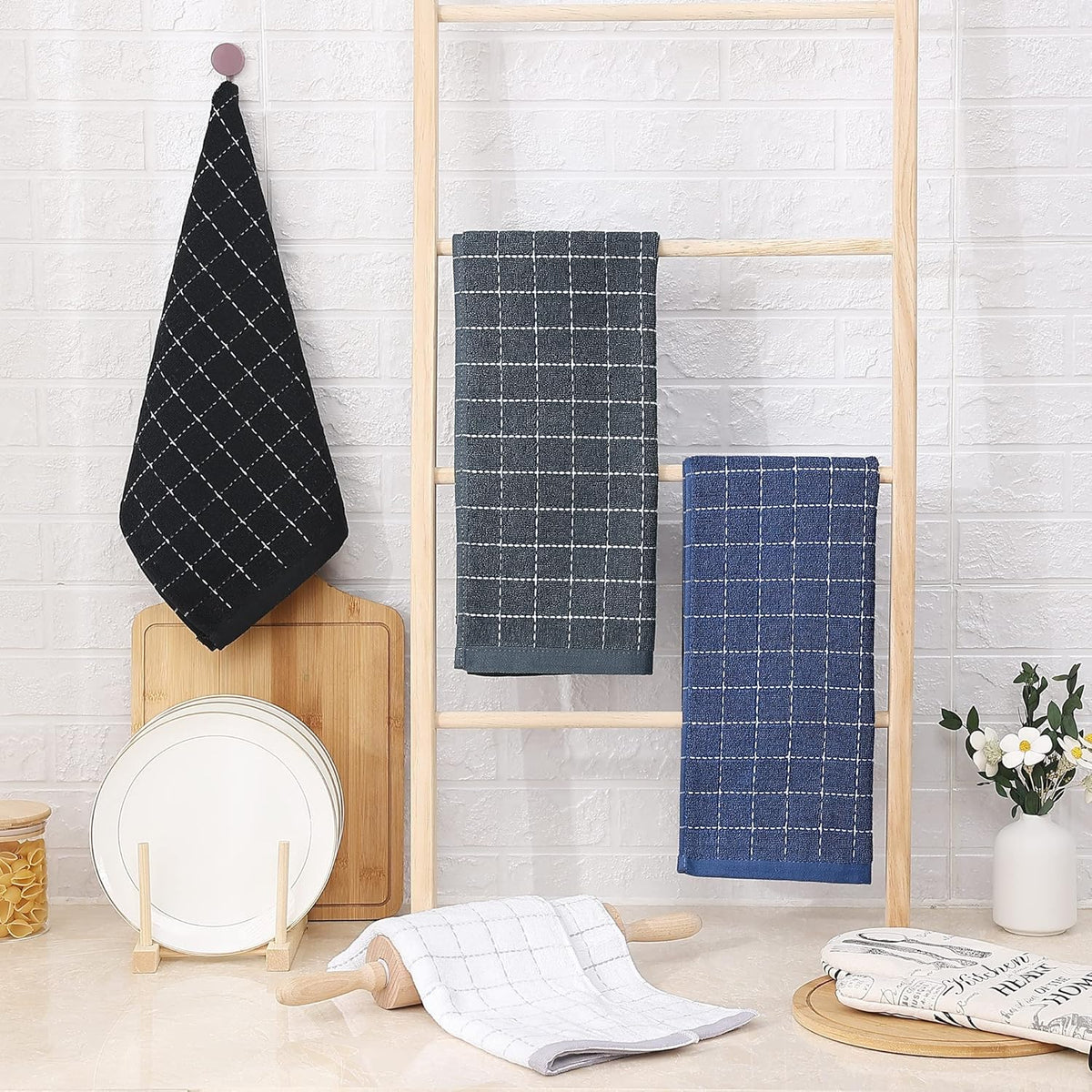 Homaxy 100% Cotton Terry Kitchen Towels(Navy+Grey+Black, 13 x 28 inches), Checkered Designed, Soft and Super Absorbent Dish Towels, 6 Pack