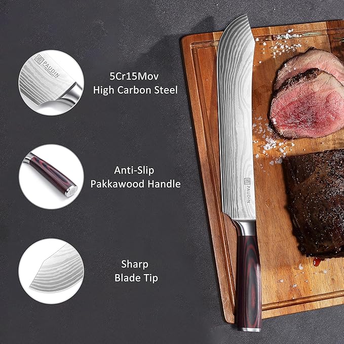 PAUDIN Butcher Knife, 10″ Bullnose Brisket Knife,Forged High Carbon German Steel, Ultra Sharp Edge for Meat Cutting, Ergonomic Handle Design