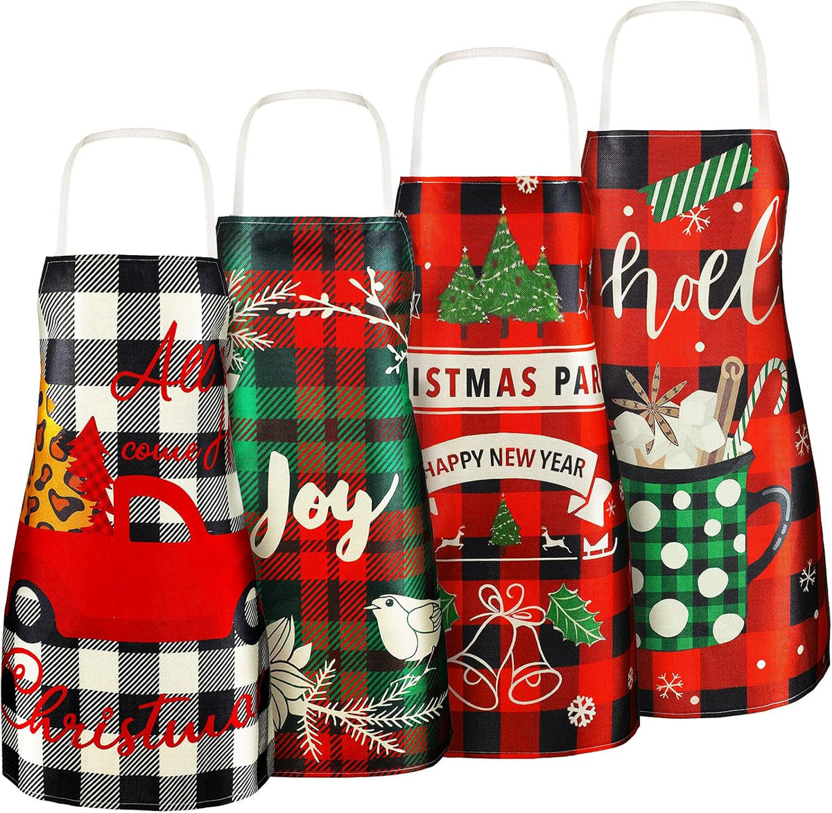 SATINIOR 4 Pcs Christmas Aprons Adjustable Kitchen Cooking Aprons Xmas Buffalo Plaid Merry Christmas BBQ Bib for Adults