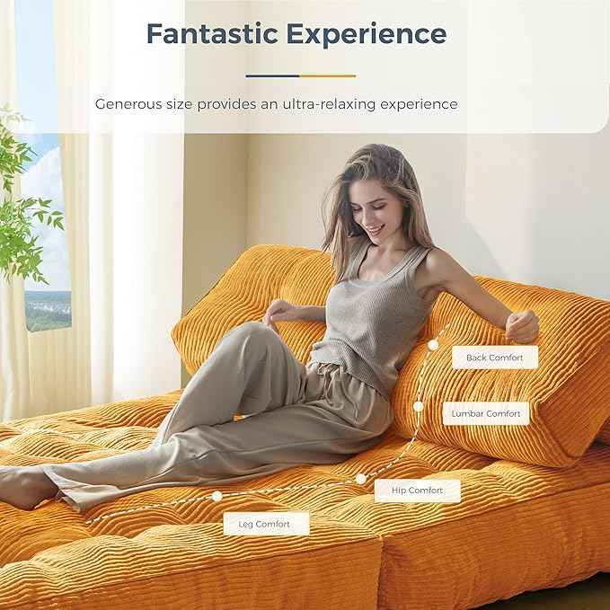 MAXYOYO Folding Sofa Bed, Convertible Sleeper Chair with Pillow Foldable Matress with Back Support, Portable Fold Out Chair Bed Comfy Floor Sofa Lounge for Living Room Bedroom, Orange Double