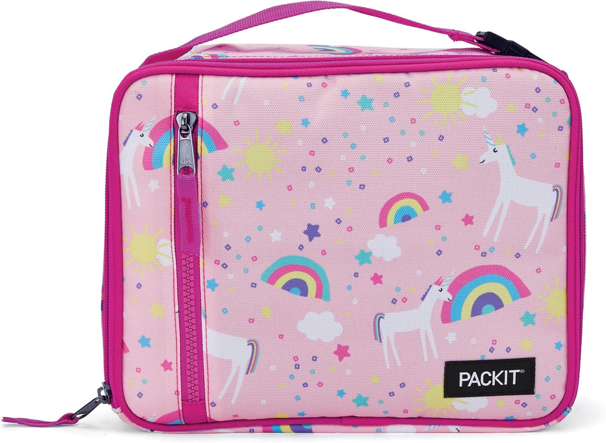 PackIt Freezable Classic Lunch Box, Unicorn Sky Pink, Built with EcoFreeze Technology, Collapsible, Reusable, Zip Closure With Zip Front Pocket and Buckle Handle, Perfect for School Lunches