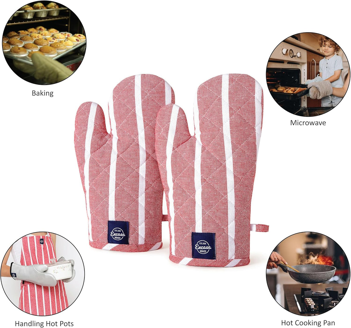 Encasa XO Long 12"x7" Oven Microwave Hand Gloves Mitts (2 pc Set) for Kitchen Cooking & Baking - Heat Resistant, Thick & Safe, Protection of Hands from Hot Utensils - Roma Red Stripes