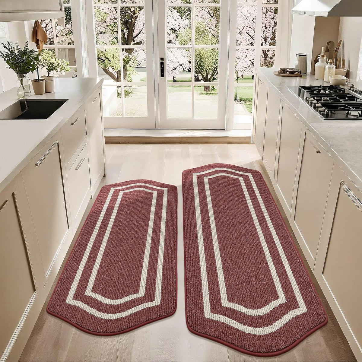 COSY HOMEER Long Kitchen Floor Mats for in Front of Sink Super Absorbent Kitchen Rugs and Mats 24"x48"+24"x59"Non-Skid Kitchen Mat Standing Mat Washable,Polypropylene,Red,Frame