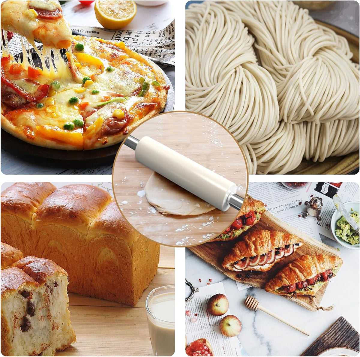 Marble Rolling Pin with Pastry Baking Mat and Stainless Steel Dough Cutter, 18.5” (Includes handle) Rolling Pin for Baking Cookie Crust Crisp Pizza with 3 Thickness Rings and Wood Stand