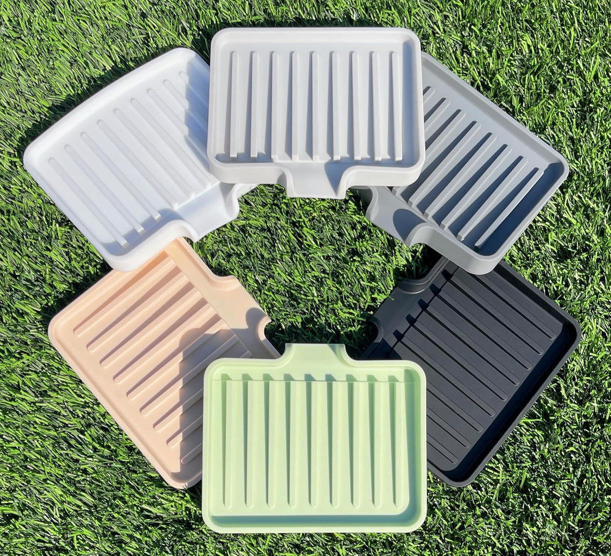 Happitasa Silicone Soap Dish Tray and Sponge Holder with Drain Chute, Pack of 2 | Bathroom and Kitchen Sink Organizer Caddy (Light Grey, 5.2"x4", 7.2 Ounces)