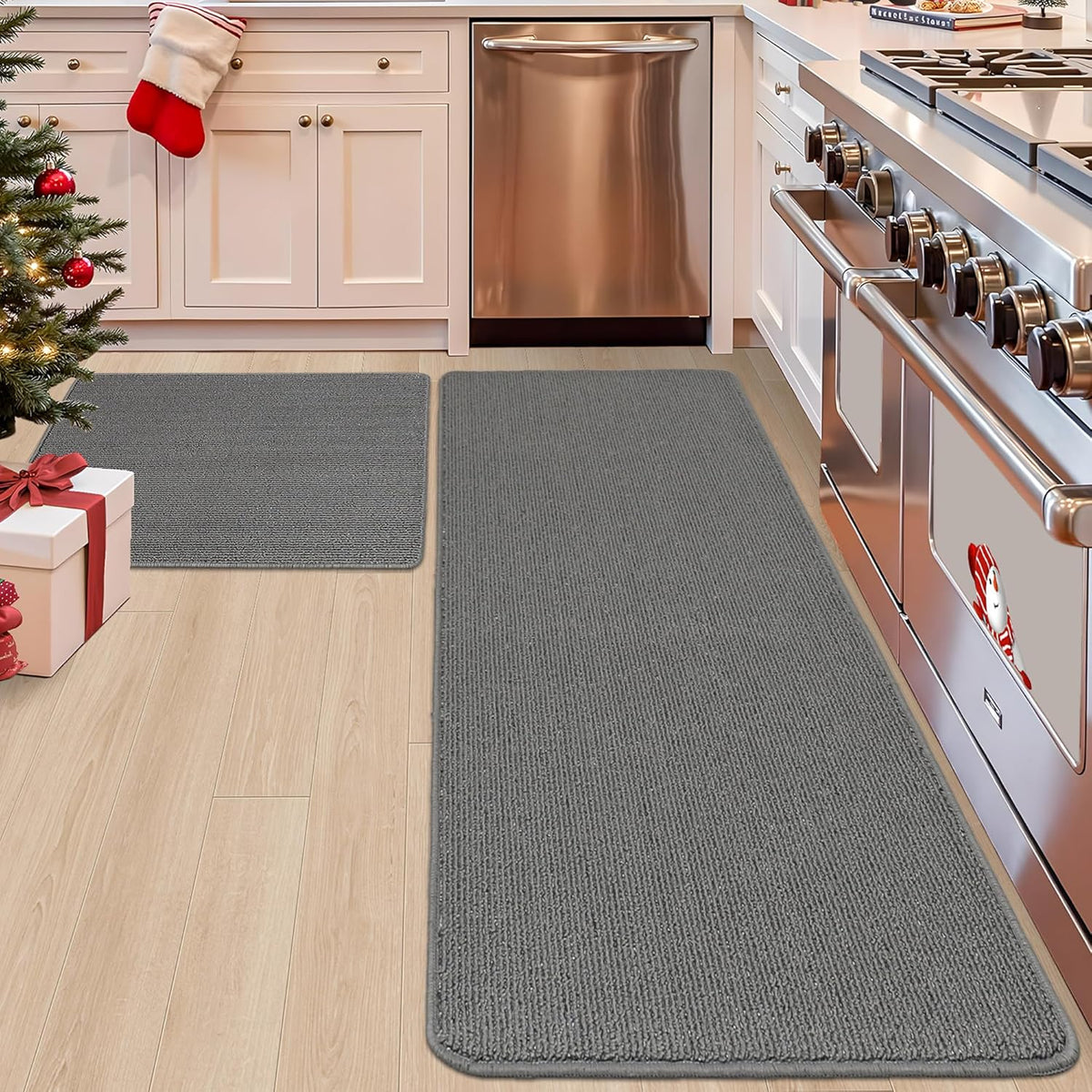 COSY HOMEER 24x35 Inch/24X60 Inch Kitchen Rug Mats Made of 100% Polypropylene Strip TPR Backing 2 Pieces Soft Kitchen Mat Specialized in Anti Slippery and Machine Washable,Grey
