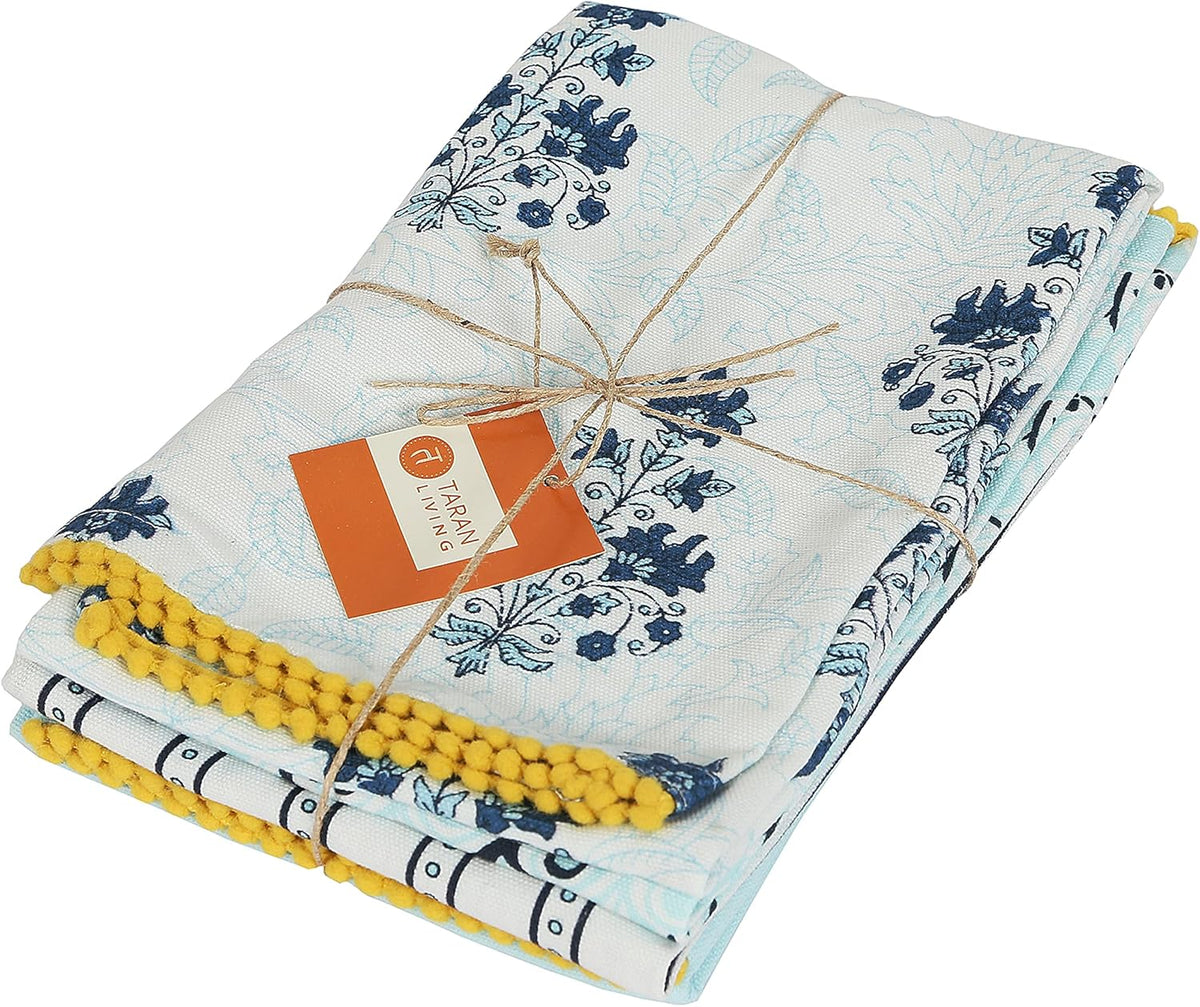Printed Kitchen Dish Bar Tea Towels Cotton with Trims Hand Towel Gift for Mothers Day Cotton Dish Towel Sets Gift for Mom - White & Blue, Set of 4-18x28 inches