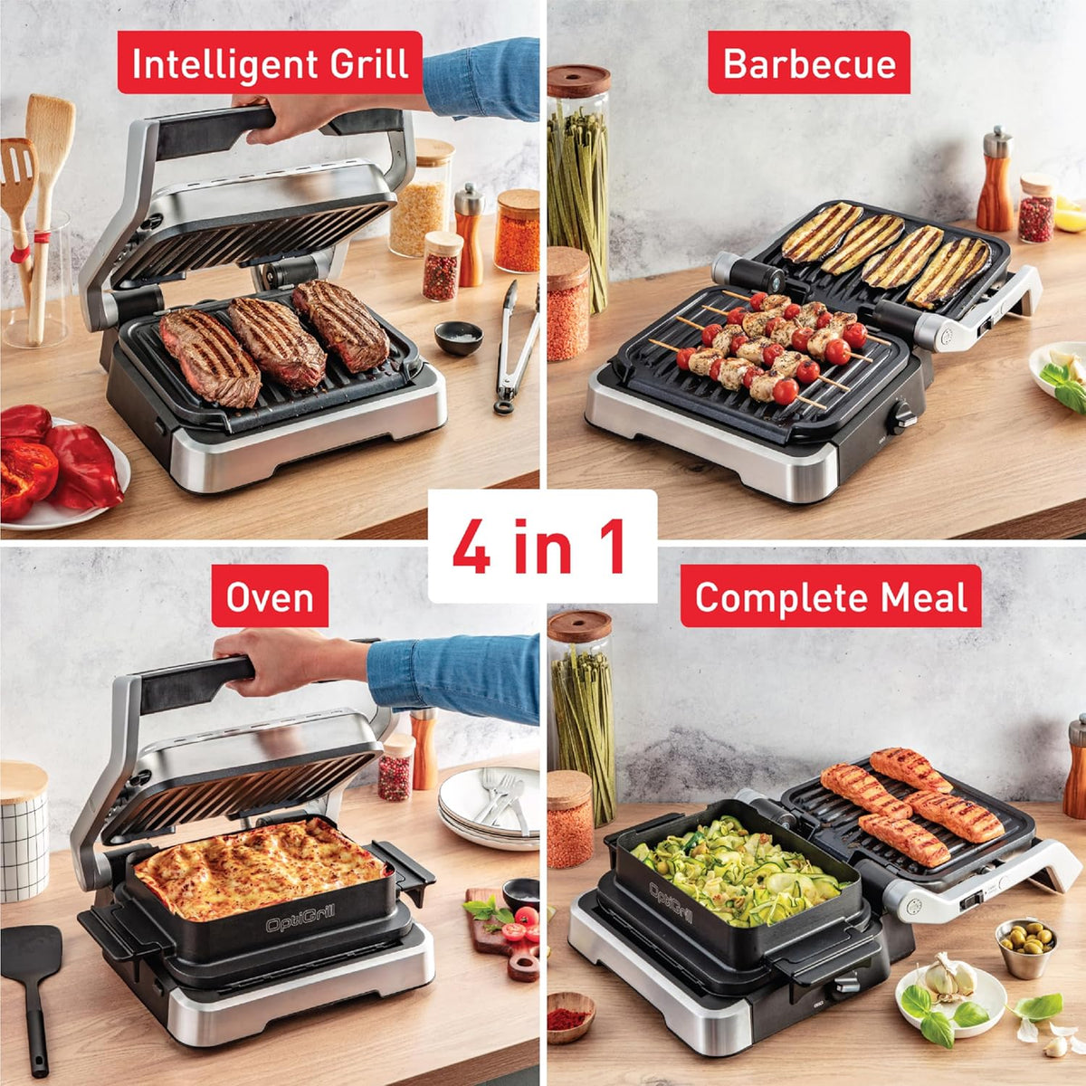 T-fal, Electric Grill, OptiGrill 4in1, Stainless Steel, 9 Automatic Cooking Modes, Intelligent Grilling Rare to Well-Done, 1800 Watts, Nonstick Removable Plates, Dishwasher Safe, Indoor, Silver