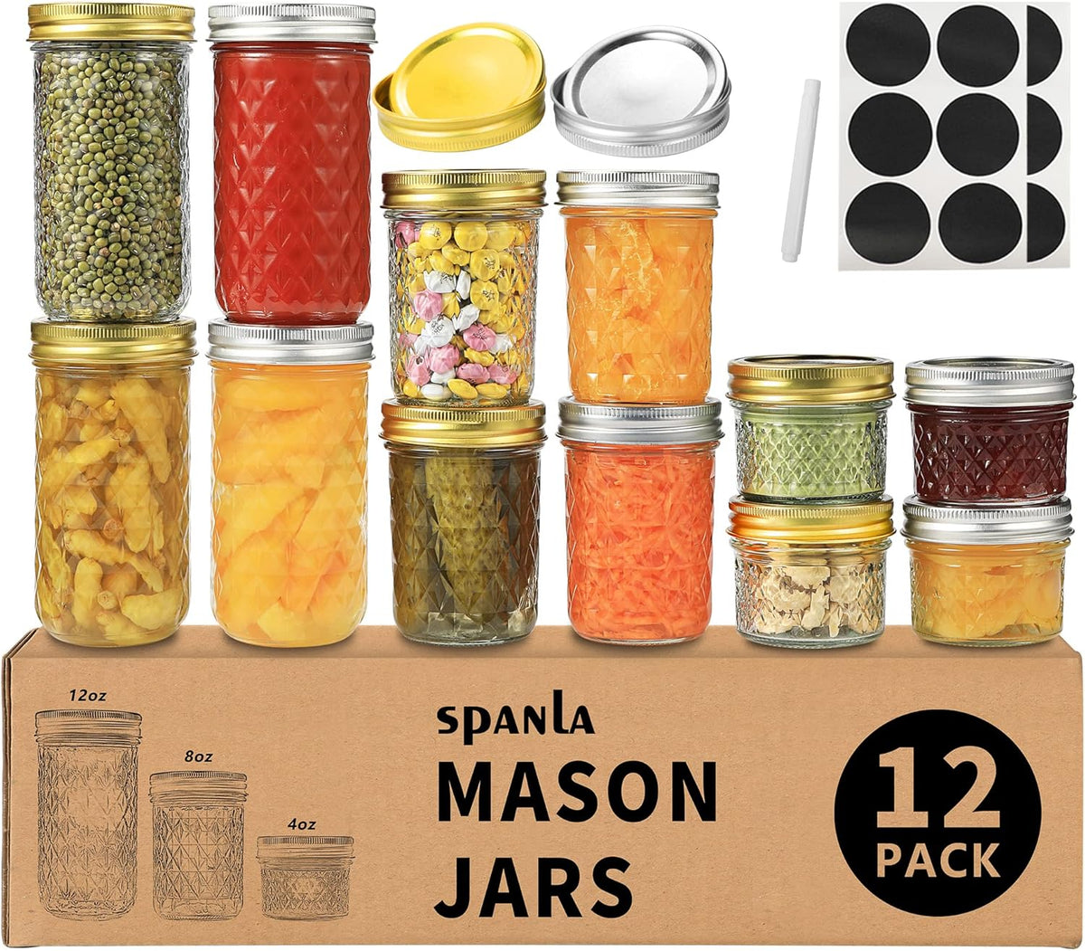 12 Pack Glass Mason Canning Jars With Regular Lids, Ideal for Jam, Jelly, Honey, Wedding Favors, Shower Favors, Baby Foods, DIY - 4 OZ x 4, 8 OZ x 4, 12 OZ x 4