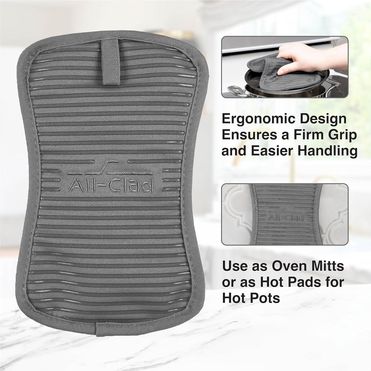 All-Clad Premium Pot Holder & Heating Pad, (2-Pack) Heat Resistant to 500 Degrees, 100% Cotton 10"x6.25" for Kitchen and Barbeque, Pewter