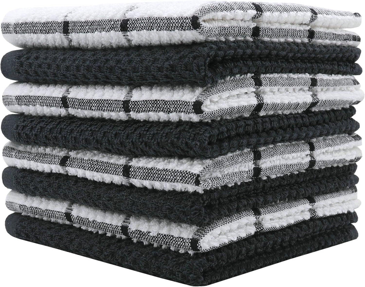 Cotton Grid Dish Cloths, Terry Cleaning Rags, 12 x 12 Inches, Light and Soft, Quick Drying Dish Rags, 8pc/Set (Black Multi)