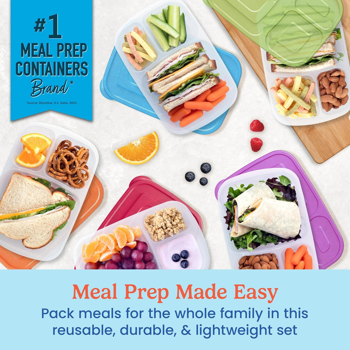 Bentgo Easyboxes - Original Stackable Lunch Boxes - Reusable 3-Compartment Food Containers for Kids and Adults - Bento Lunch Box for Meal Prep, School, & Work - BPA Free, Set of 10 (Classic)