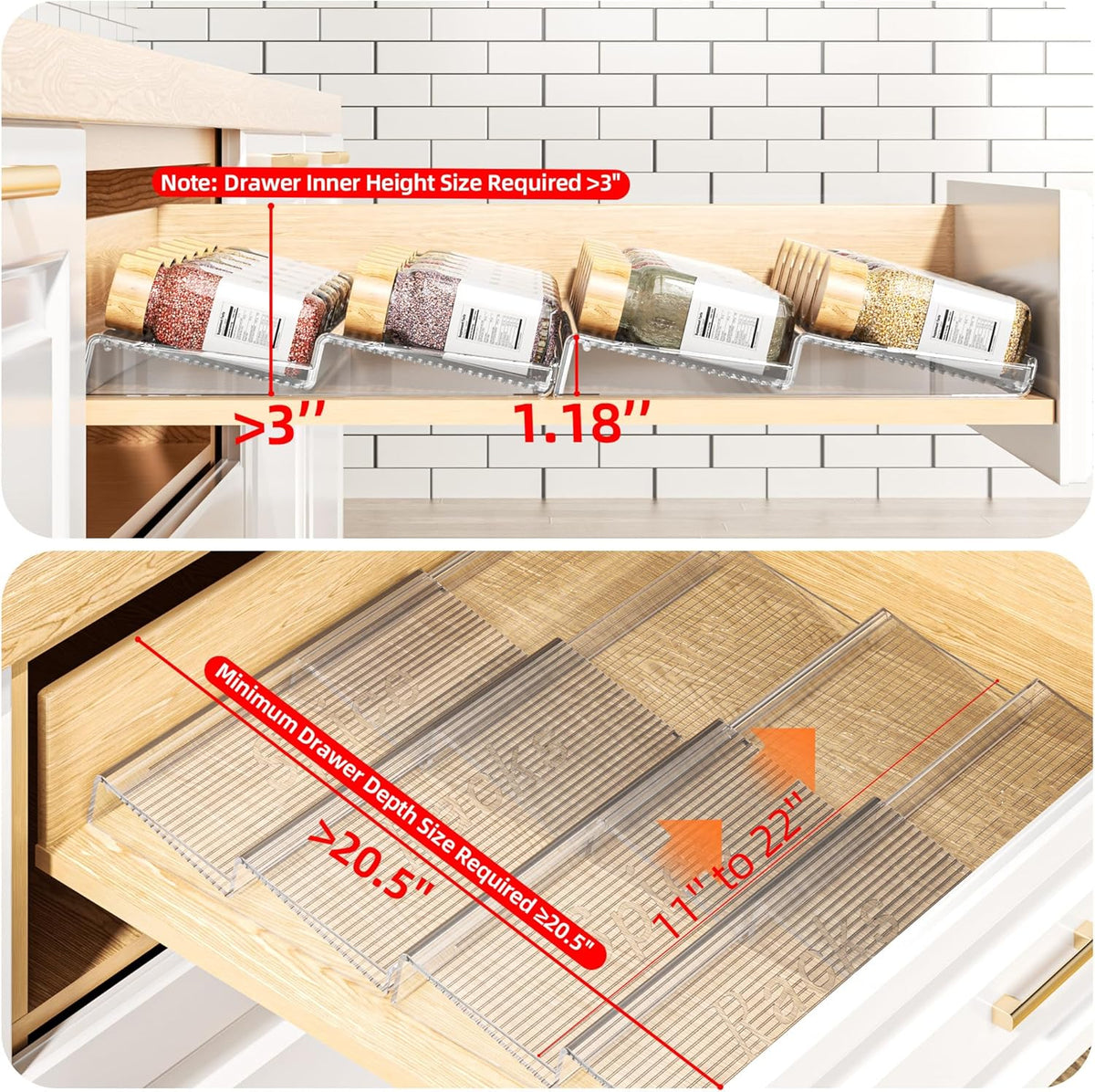 8 Packs Spice Drawer Organizer, 2-Tier Acrylic Drawer Seasoning Organizer, Expandable From 11'' to 22'' Kitchen Spice Rack Organizers and Storage for Drawer (Jars not included), Clear
