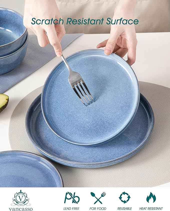 vancasso ANYA 24 Pieces Plates and Bowls Set, Blue Dinnerware Sets, Reactive Glaze Dishes Set for 8, Ceramic Dishware Sets Kitchen Dinner Set, Microwave & Dishwasher Safe