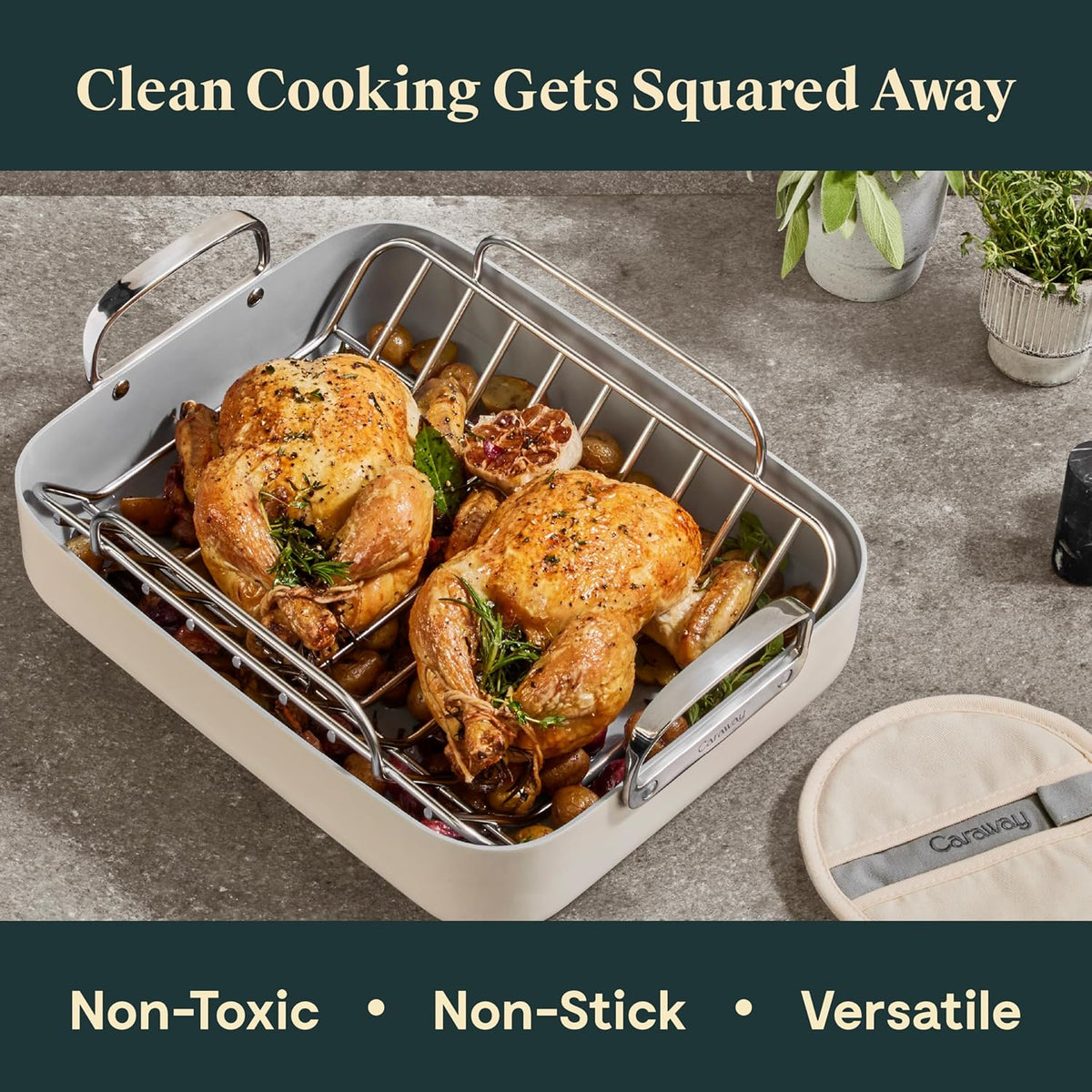 Caraway Roasting Pan - 16x13” Roasting Pan with Rack - Non-Stick Ceramic Coated - Non Toxic, PTFE & PFOA Free - Oven Safe & Compatible with All Stovetops - Sage