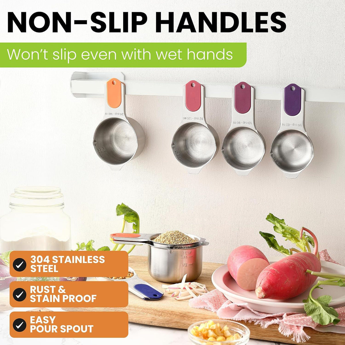 Spring Chef Magnetic Stainless Steel Measuring Cups, Patented, Kitchen Tools with Easy to Read Markings for Measuring Dry or Liquid Ingredients, Set of 7, Mountain Sunrise