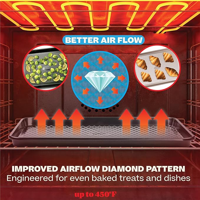 Baker's Secret Baking Sheet Pan Set, 3x Cookie Sheets for Oven, Diamond Texture Premium Air Flow Circulation, Set of 3 Baking Trays, Extra Thick 0.6mm with Diamond Base PFOA, PFOS, PTFE and PFAS free