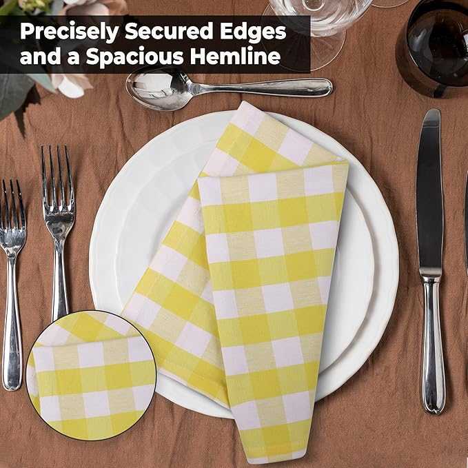 Urban Villa Easter Cloth Napkins 100% Cotton Dinner Napkins Highly Absorbent 20x20 Inches (Set of 12) Yellow White Buffalo Checks Reusable Washable Soft Durable Napkins Ideal for Home Wedding Parties