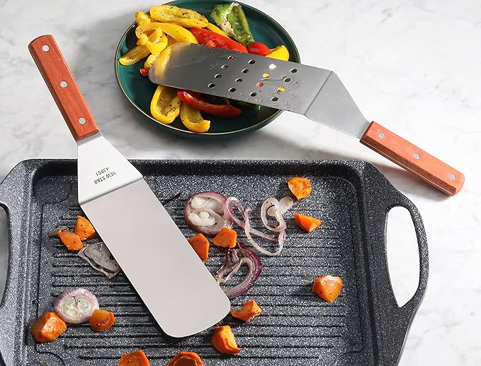New Star Foodservice 43051 Wood Handle Flexible Grill Spatula Set, 14.5", Set of 2, Silver