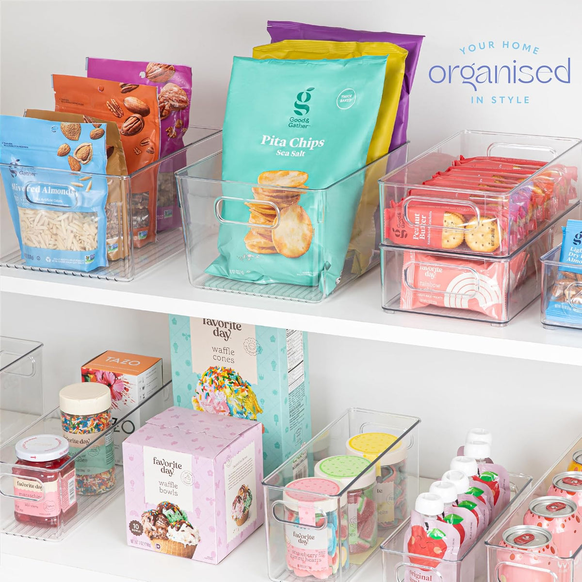 2 pack Clear Plastic Storage Container Bin with Integrated Easy Grip Handles. For Kitchen, Fridge, Freezer, Cabinet, Pantry, Bathroom Organization. 10"x4"x5"
