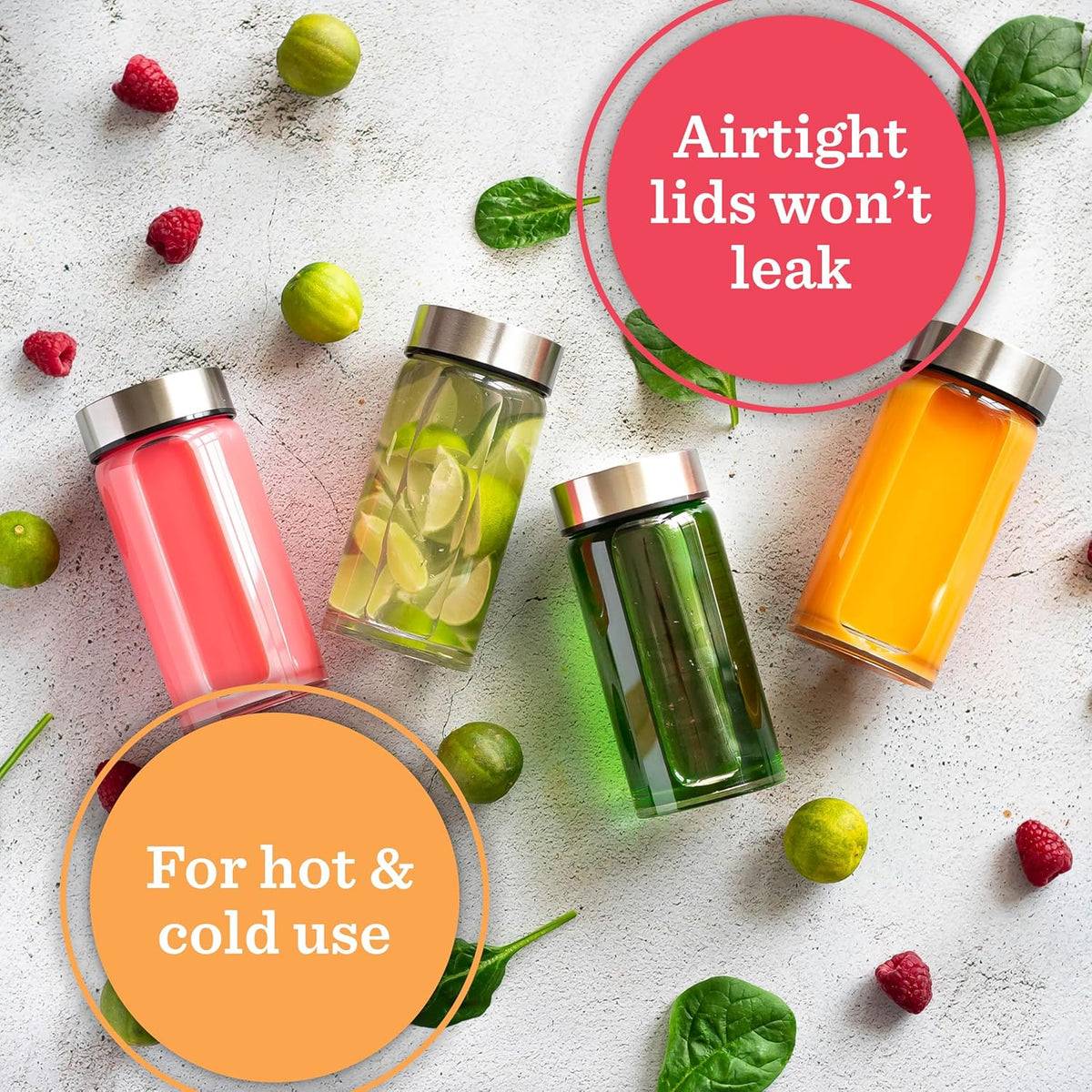 Juice Bottles - 4 Pack Wide Mouth Glass Bottles with Lids - for Juicing, Smoothies, Infused Water, Beverage Storage - 10oz, BPA Free, Stainless Steel Lids, Leakproof, Reusable, Borosilicate