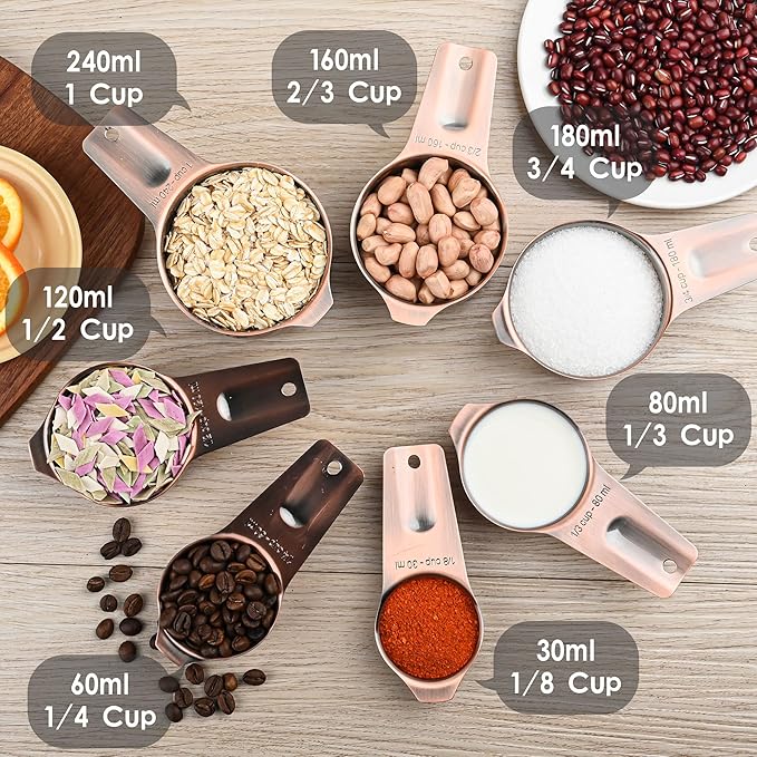 Measuring Cups and Spoons Set, Copper Plated Measuring Cups Spoons, Stainless Steel 7 Measuring cups and 9 Measuring Spoons 1 Leveler for Baking and Kitchen, Metal Copper Measure Cups&Spoons