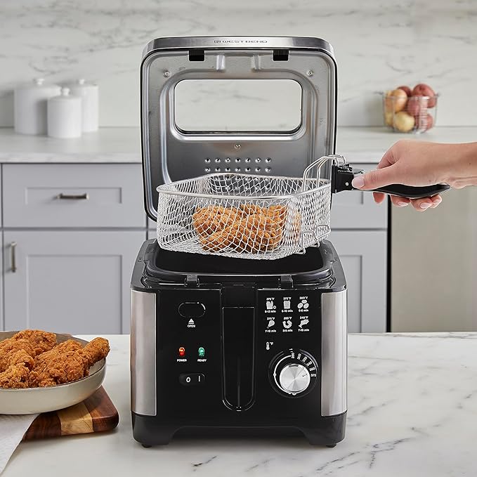 West Bend Deep Fryer with Adjustable Temperature Control Nonstick Basket Easy-View Window and Temperature Guide, Folding Handle and Locking Cover for Easy Storage, 3-Liter, Silver