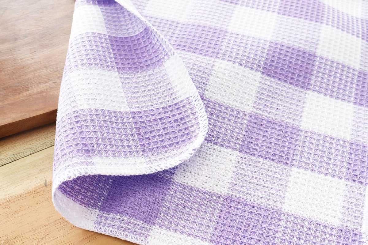 Waffle Weave Plaid Dish Cloths, 100% Cotton - 12 x 12 Inches, Ultra Soft Absorbent Quick Drying Dish Towels Buffalo Check Dish Rags for Kitchen, 6 Pack - Spring Summer - Lavender and White