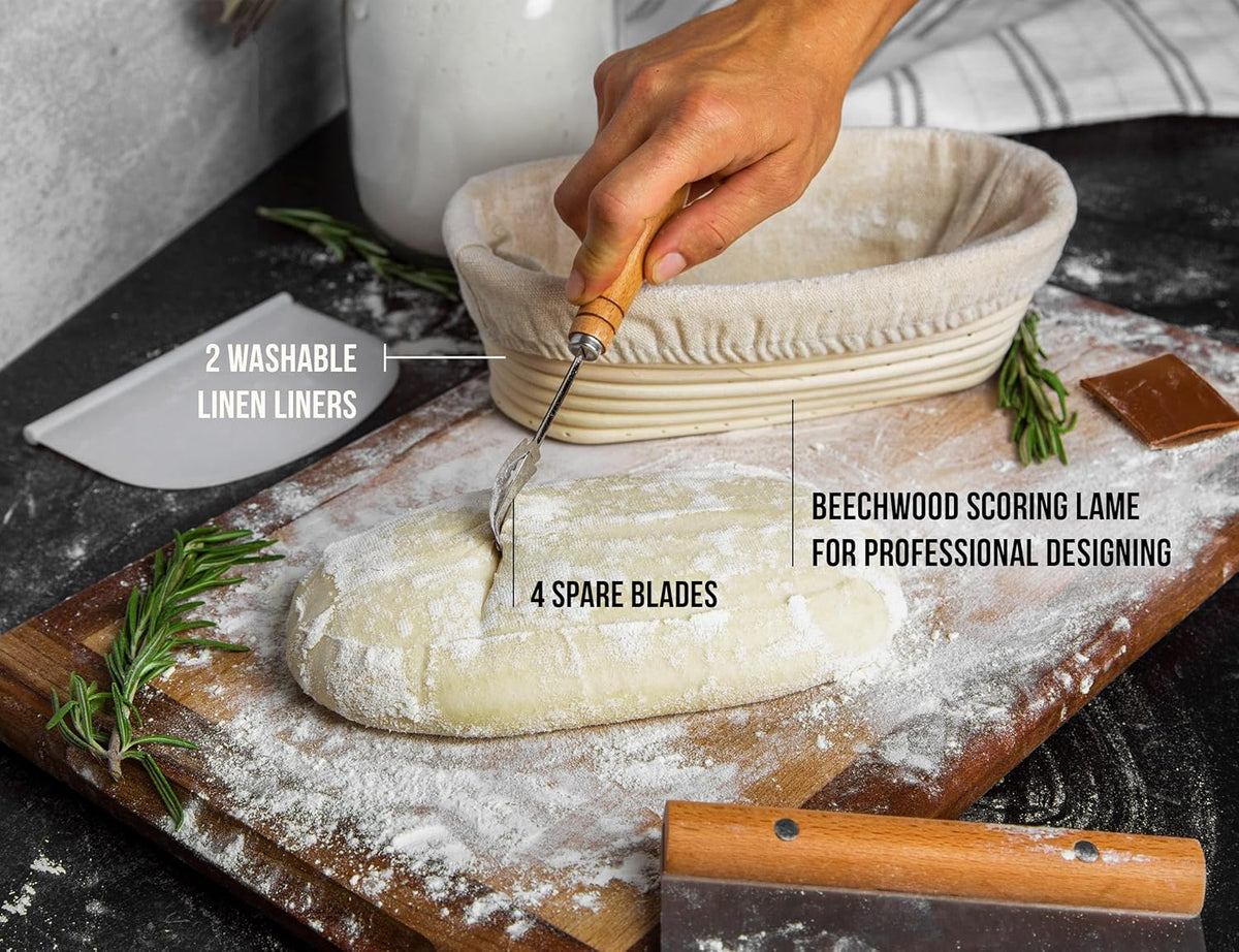 Kook Dutch Oven with Lid, Sourdough Bread Baking Supplies, Banneton Bread Proofing Set, Dual Handles, Enameled Cast Iron, Great for Baking Bread, 3.4 Qt, Artisan Sourdough Bread Making Kit, 9.8 Inch Rattan Baskets and Liners, Oval