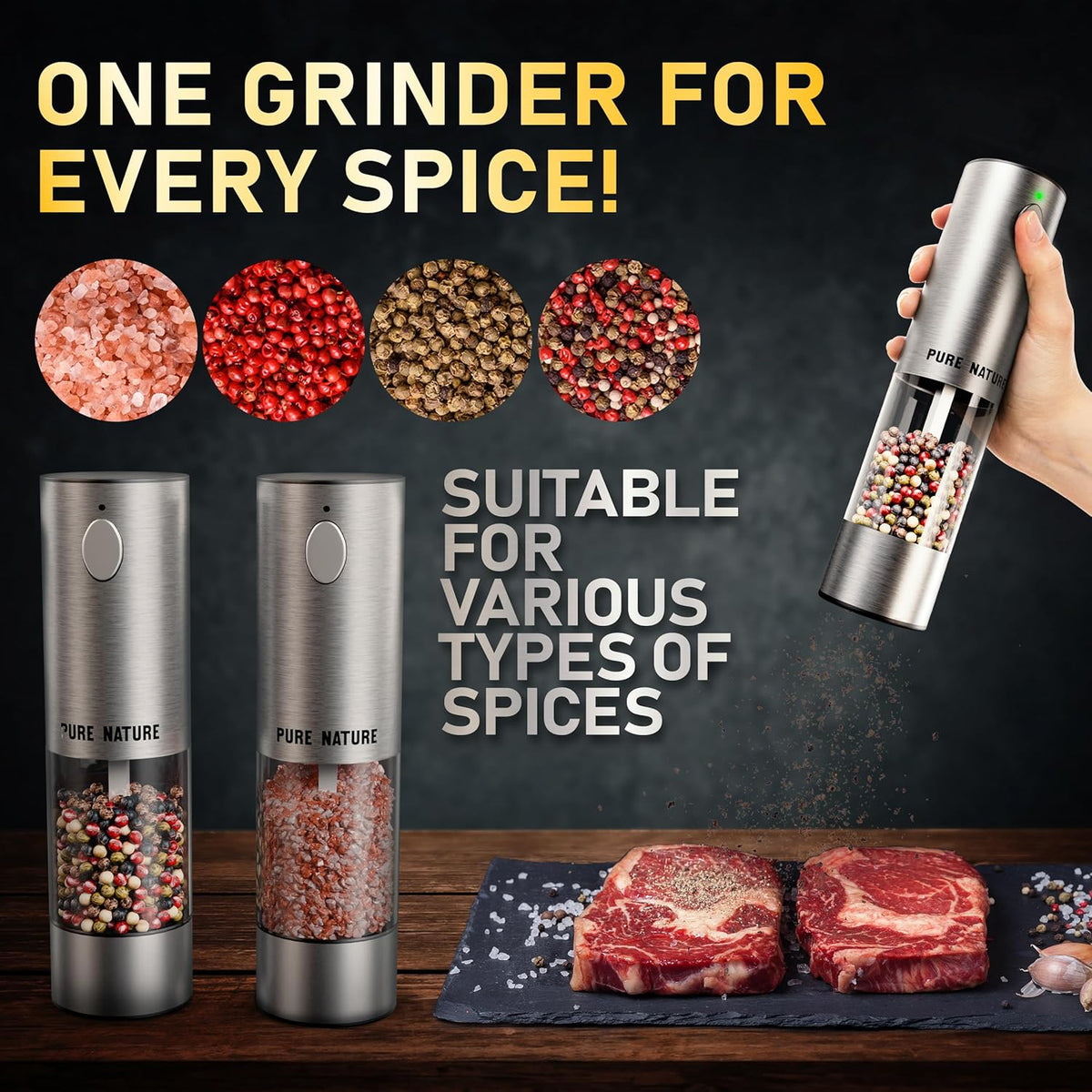 Pure Nature Salt and Pepper Grinder Set with rechargeable base. Premium Stainless Steel up-graded larger capacity with LED Lights, 5 Adjustable Coarseness, Refillable, Type-C Fast Charging.