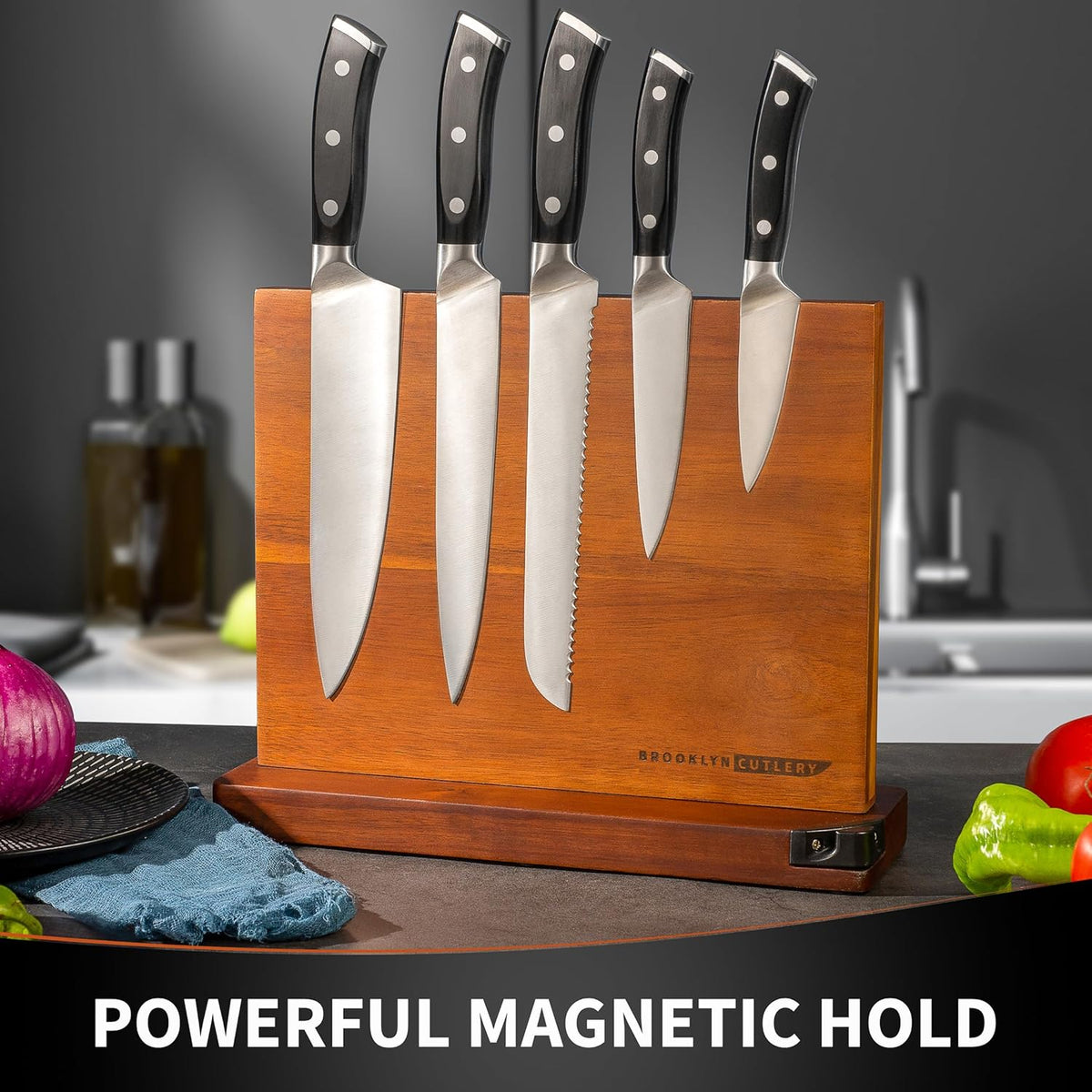 Magnetic Knife Block, Acacia Wood Magnetic Knife Holder for Kitchen Counter Universal Knife Block Without Knives (12 x 10 With Sharpener)