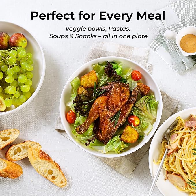 Y YHY 9.75" Large Pasta Bowls, 50 Ounces Big Salad Bowls, Ceramic Serving Bowl Set of 4, Wide and Shallow Bowls Set, Microwave and Dishwasher Safe, White