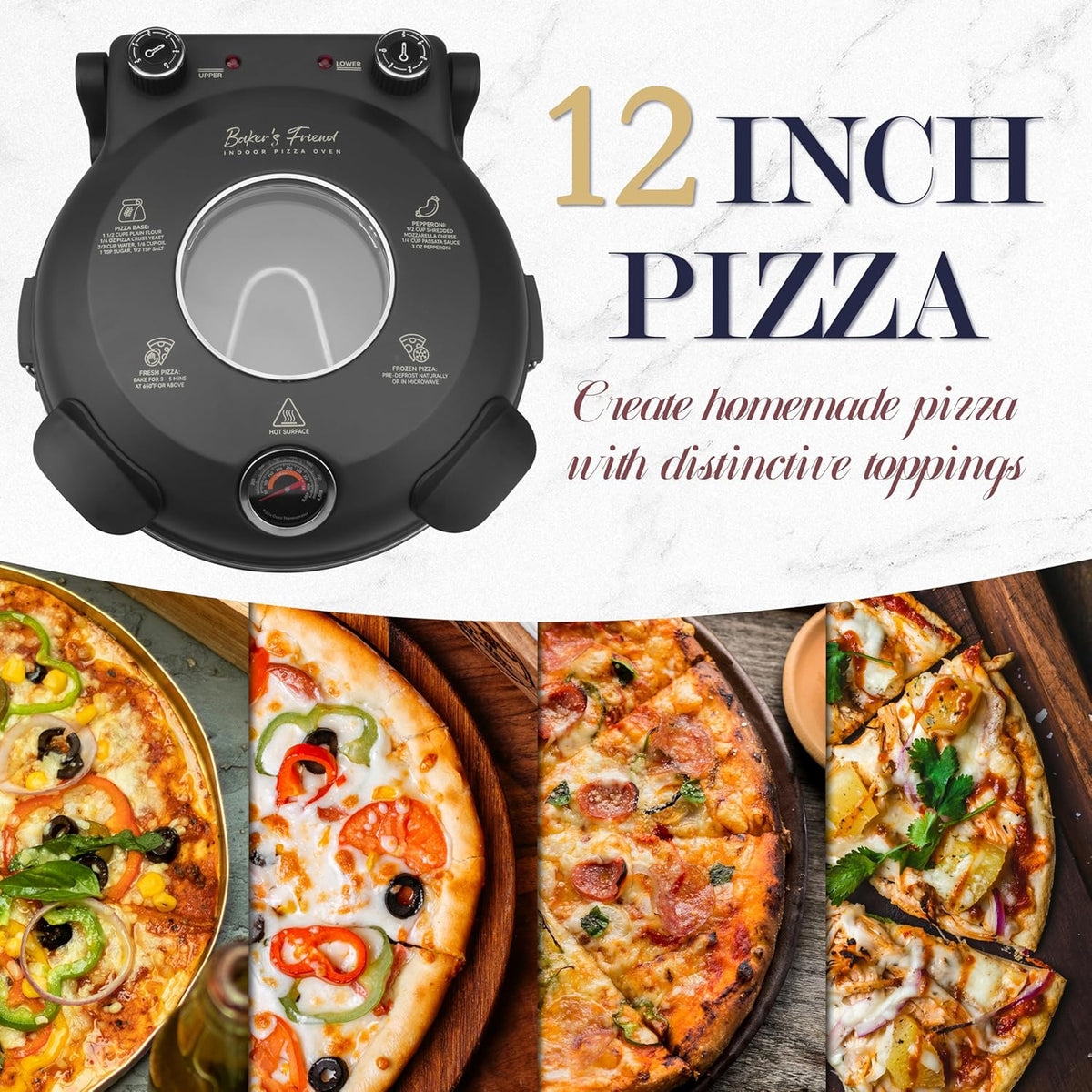 Baker’s Friend Electric Pizza Oven Indoor Countertop, 12 Inch Pizza Maker Machine for Home, Pizza Cooker & Pizza Grill, Premium Glazed Ceramic Stone Pizza Oven, Graphite Gray