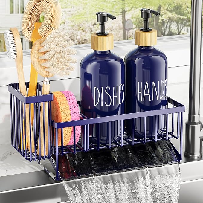 Cisily Navy Blue Kitchen Dish Soap Dispenser, 16 fl Oz Dual Kitchen Soap Dispensers with Sponge Holder, Customized Stainless Steel Kitchen Soap Dispenser Set, Modern Hand and Dish Soap Bottle Set