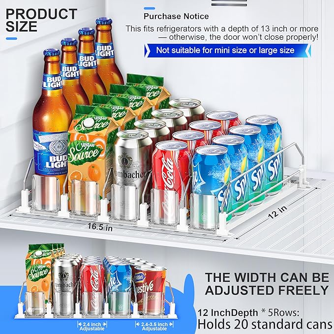 Drink Organizer for Fridge, Upgraded Drink dispenser for fridge, Automatic Pusher Glide,12oz 16oz - Can Dispenser for Fridge - Holds up to 20 Cans - 5 Rows White