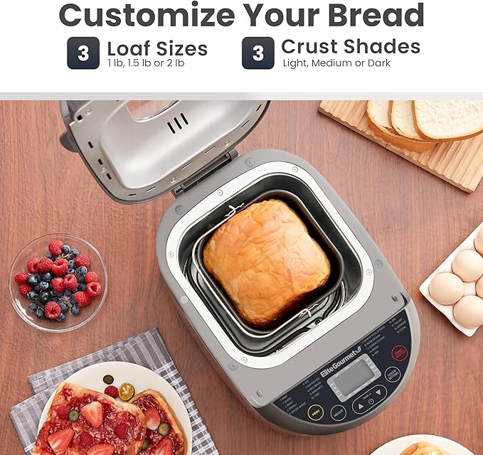 Elite Gourmet EBM8103SS Programmable Bread Maker Machine, 3 Loaf Sizes, 19 Menu Functions Gluten Free White Wheat Rye French and more, 2 Lb, Stainless Steel