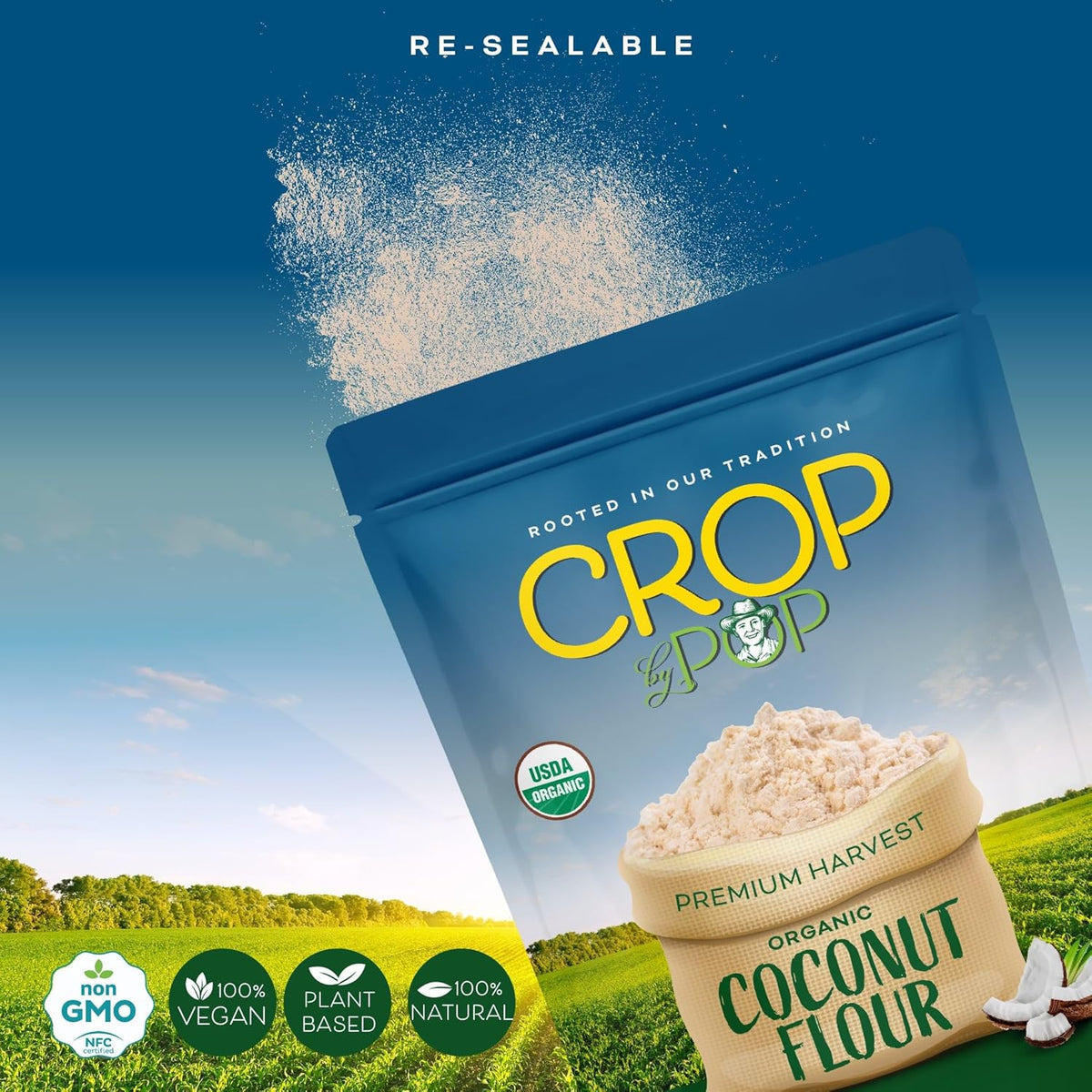 CROP BY POP - Organic Coconut Flour (64 Oz - 4 LB) Packed Fresh in Resealable Bag - USDA Organic, Non GMO - Naturally Grown, Vegan, Kosher