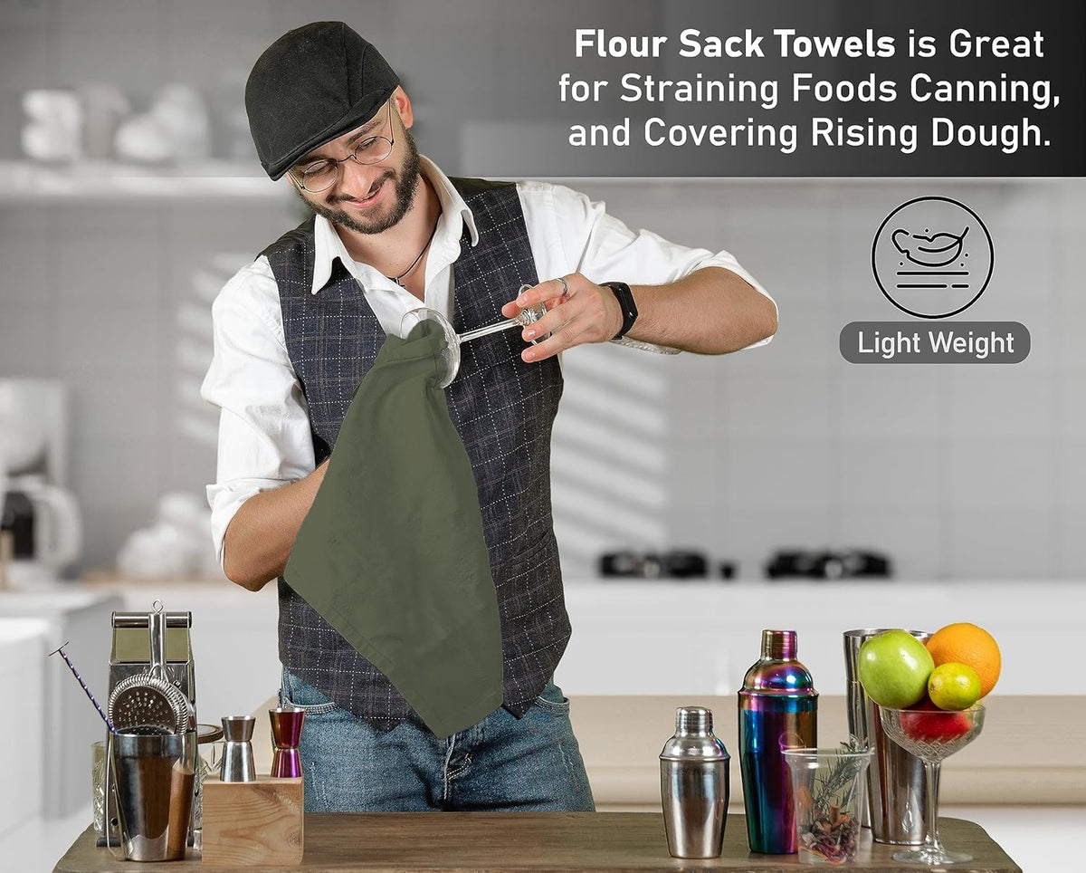 RUVANTI Flour Sack Towels 6 Pack 28x28 Inch, 100% Cotton Tea Towel, Reusable, Machine Washable, Absorbent BarTowels - Dish Cloth Perfect for Drying Dishes & Cleaning - Martini Olive