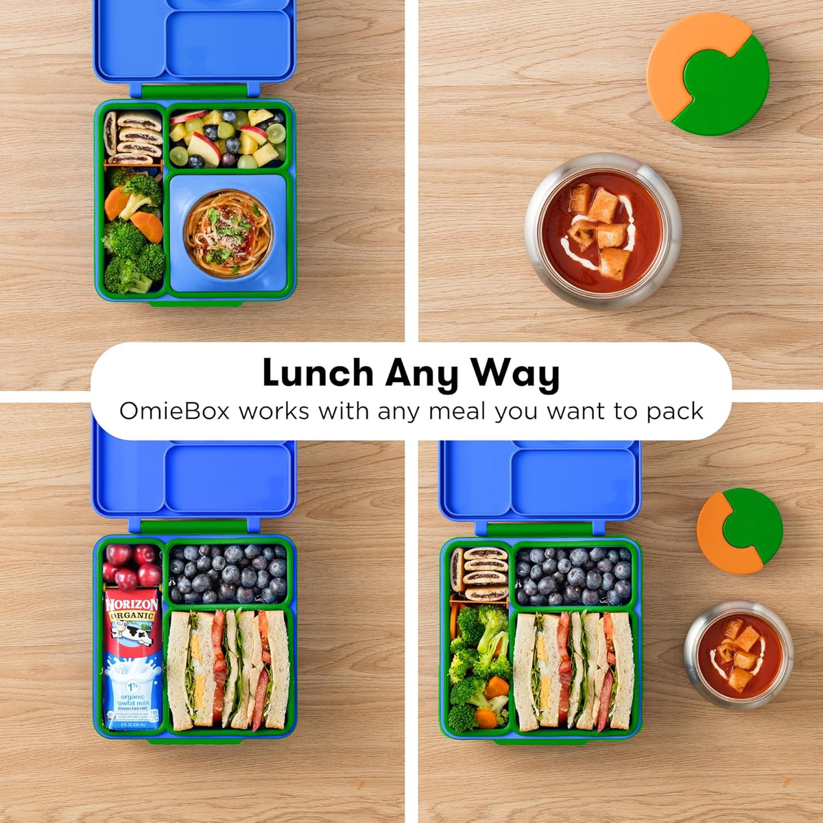 OmieBox Bento Box for Kids - Insulated Bento Lunch Box with Leak Proof Vacuum Insulated Food Jar - 3 Compartments, Two Temperature Zones (Monster Blue)