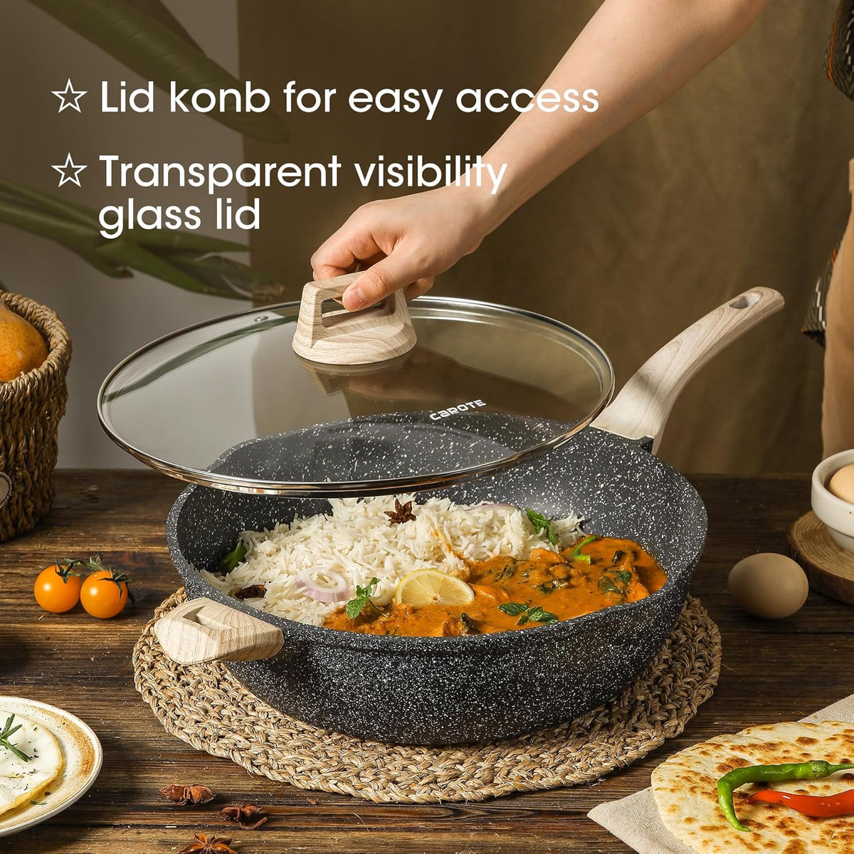 CAROTE 12.5 Inch Nonstick Deep Frying Pan with Lid, 6.5 Qt Jumbo Cooker Saute Pan with Pour Spout, Skillet Induction Cookware, Non Stick Cooking Pan PFOA Free, Classic Granite