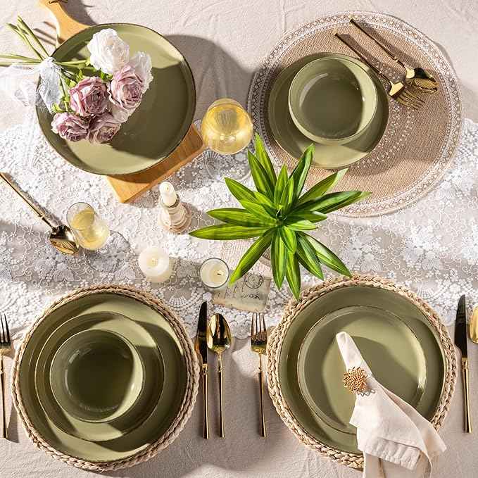 AmorArc Ceramic Dinnerware Sets for 4, 12 Pieces Handpainted Plates and Bowls Set with Rustic Terracotta Underside, Scratch Resistant Stoneware Dishes Set, Dishwasher & Microwave Safe, Olive Green