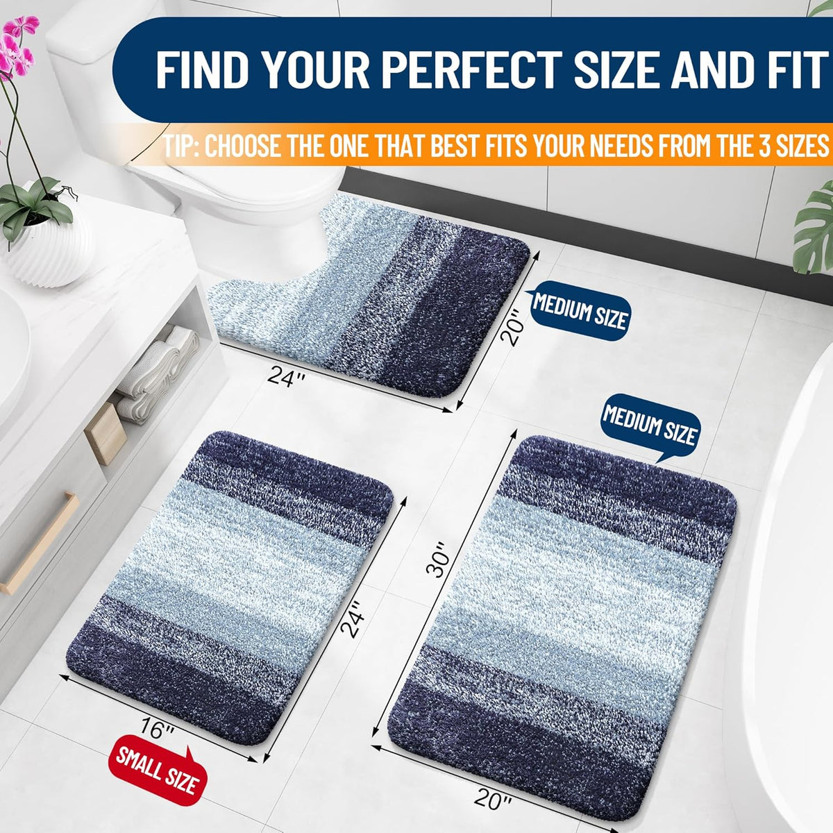 OLANLY Bathroom Rugs Mat 30x20, Extra Soft Absorbent Microfiber Bath Rugs, Rubber Backing, Quick Dry, Machine Washable Bath Mats for Bathroom Floor, Tub and Shower, Home Decor Accessories, Airy Blue
