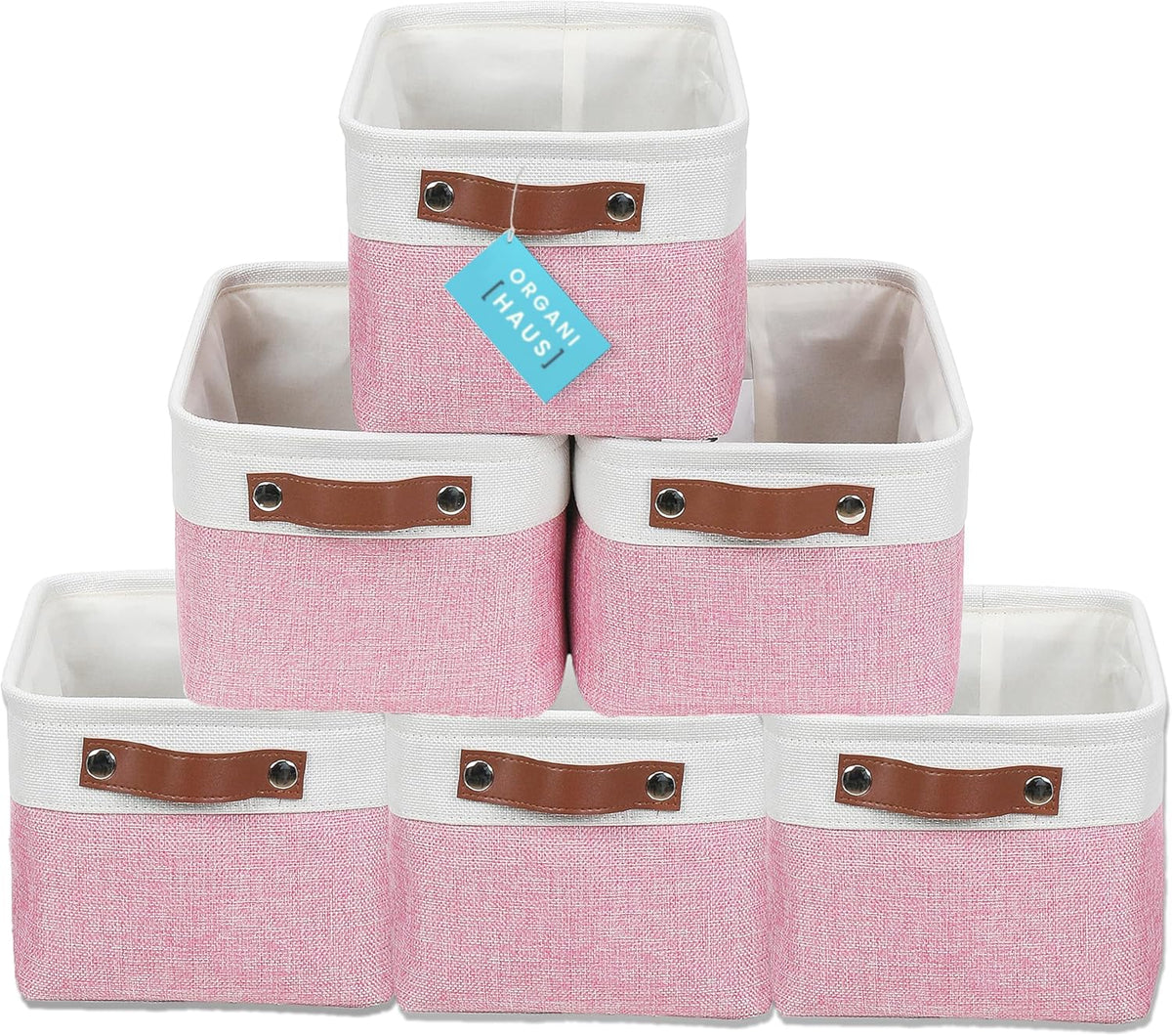 OrganiHaus Small Fabric Storage Baskets for Shelves 6 Pack, 12x8in Closet Storage Bins for Shelves, Cloth Baskets for Organizing, Linen Closet Organizers, Fabric Basket, Pink/White