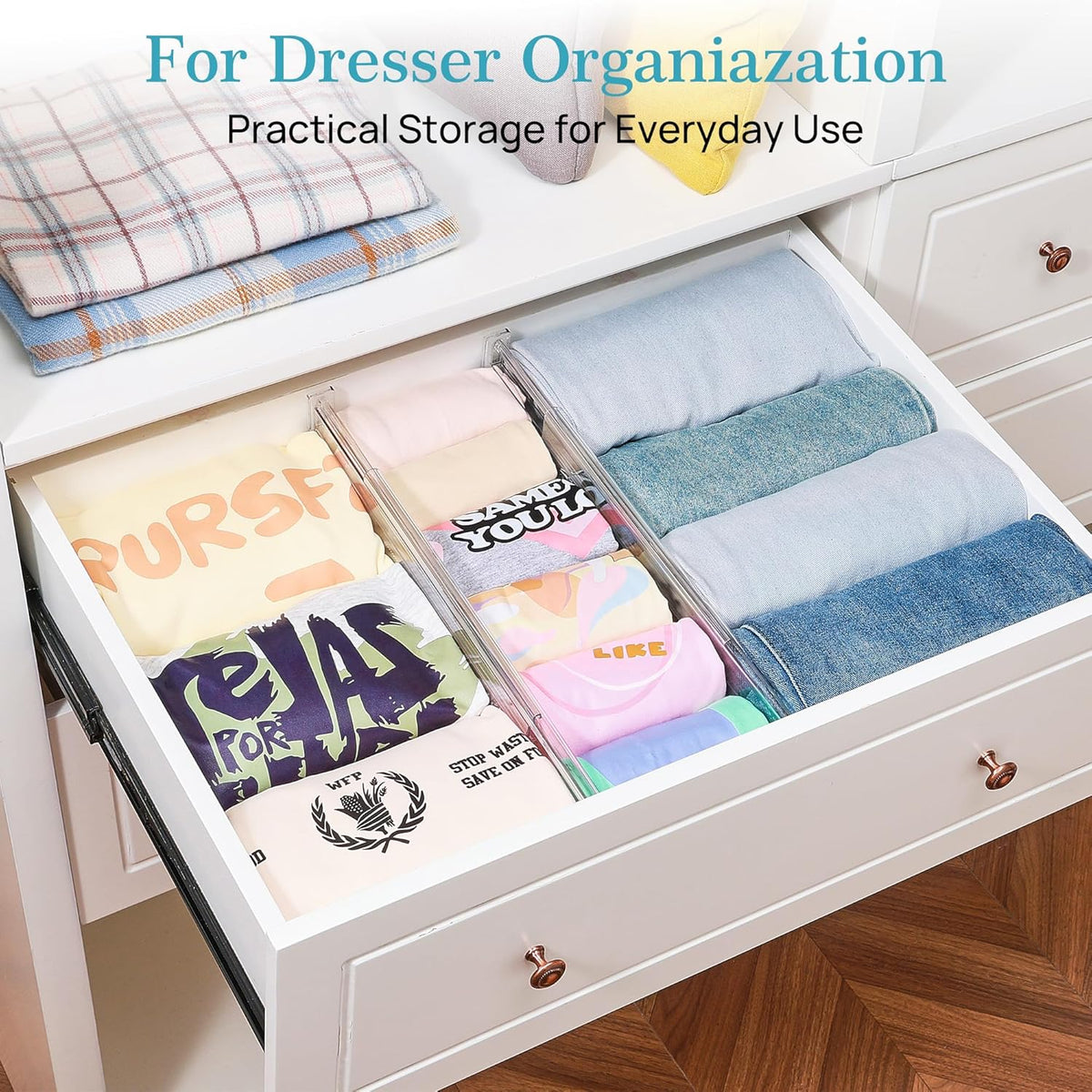 Vtopmart 4 Pack 4" Regular Upgrade Drawer Dividers for Clothes, 12.8"-22.3" Expandable Dresser Drawer Organizer, Clear Plastic Separators for Dresser, Baby Clothing, Underwear, Cosmetic, Toiletries