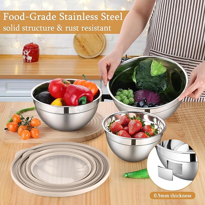 LIANYU Mixing Bowls with Visible Airtight Lids, 3Pcs Stainless Steel Large Metal Nesting Kitchen Bowls Set, 4.6 & 3 & 1.5QT Size Ideal for Mixing, Baking, Serving, Dishwasher & Freezer Safe, Khaki