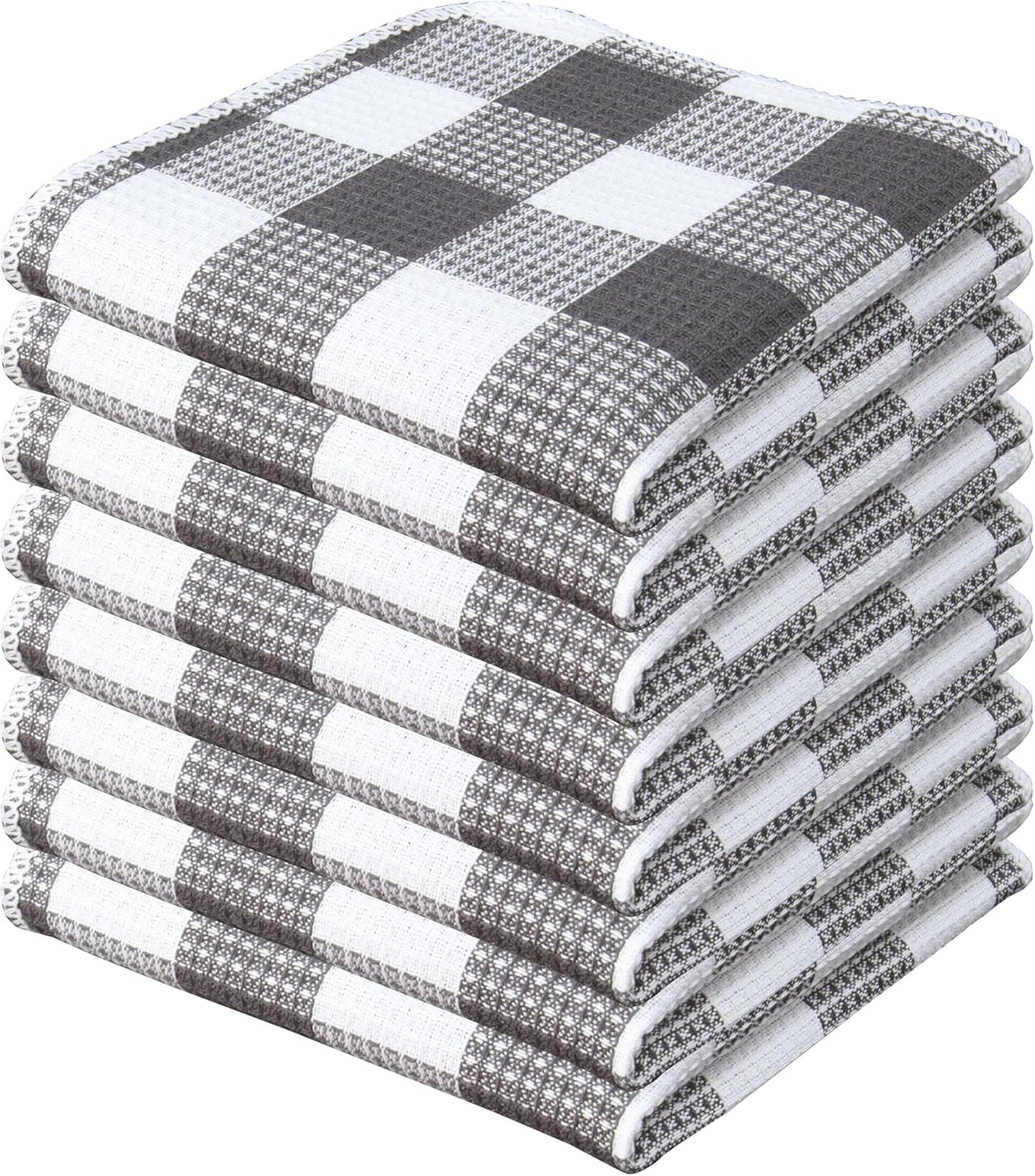 Waffle Weave Plaid Dish Cloths, 100% Cotton - 12 x 12 Inches, Ultra Soft Absorbent Quick Drying Dish Towels Buffalo Check Dish Rags for Kitchen, 8 Pack - Spring Summer - Steel Grey & White