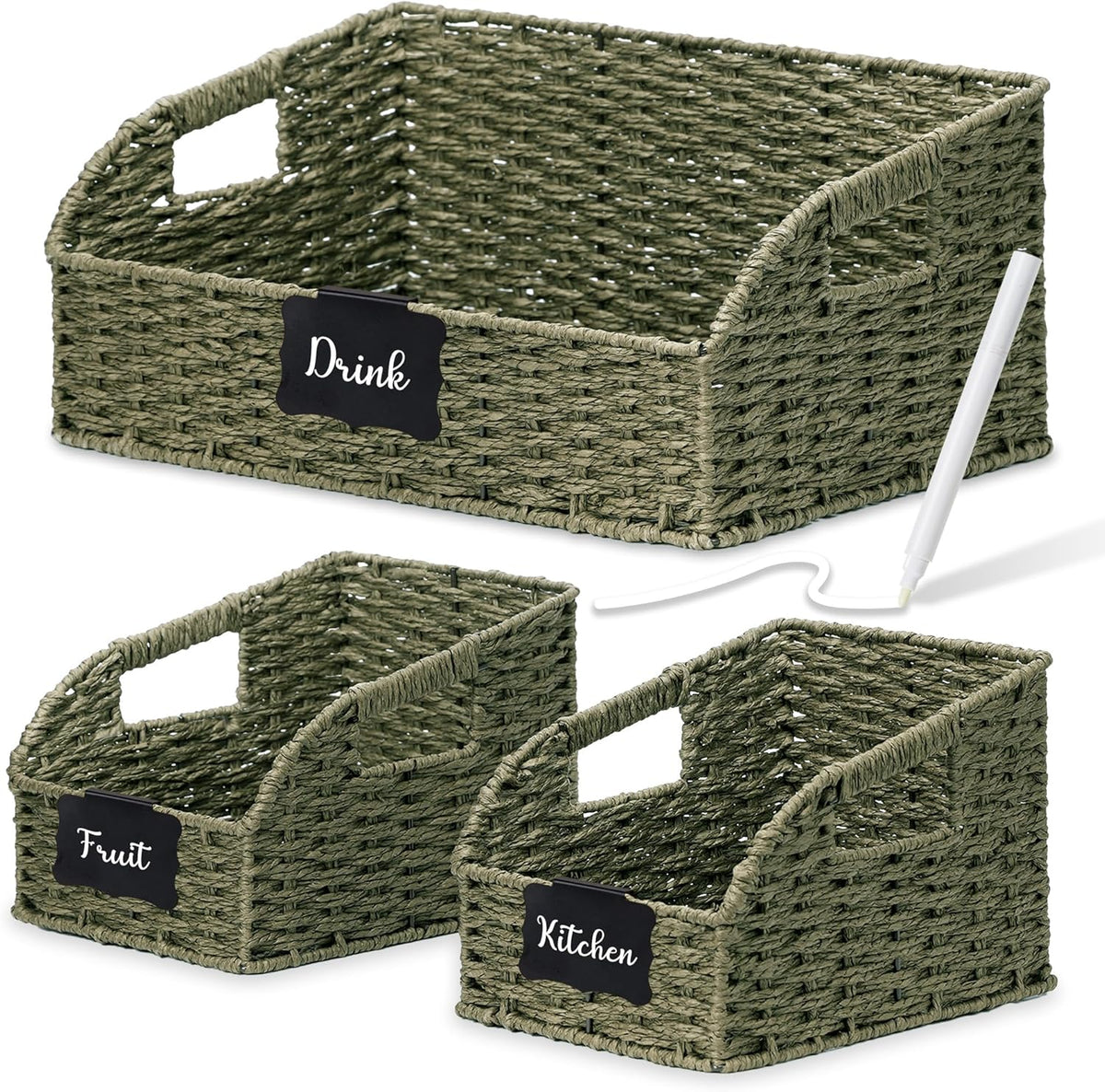 Wicker Baskets for Organizing,Pantry, Kitchen Counter with Handles, Handwoven Woven Storage Baskets for Fruit, Bread, Vegetable, Paper Storage Bins for Shelves, 3 Pack, Green