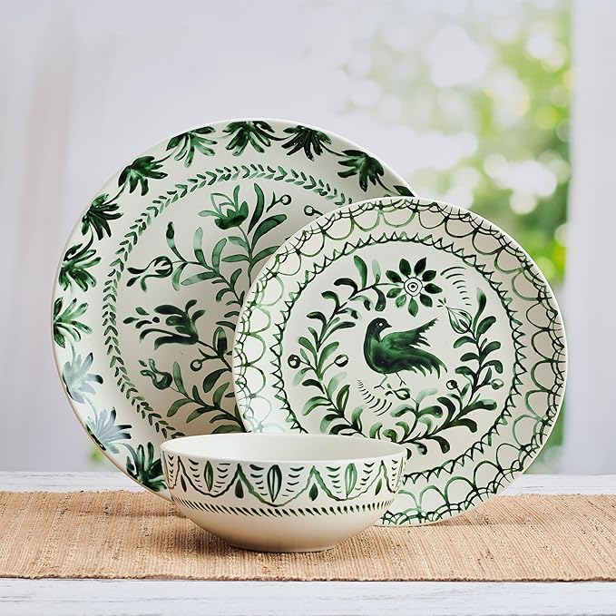 Fitz and Floyd Sicily Green 12 Piece Dinnerware Plate Bowl Set, Service for 4