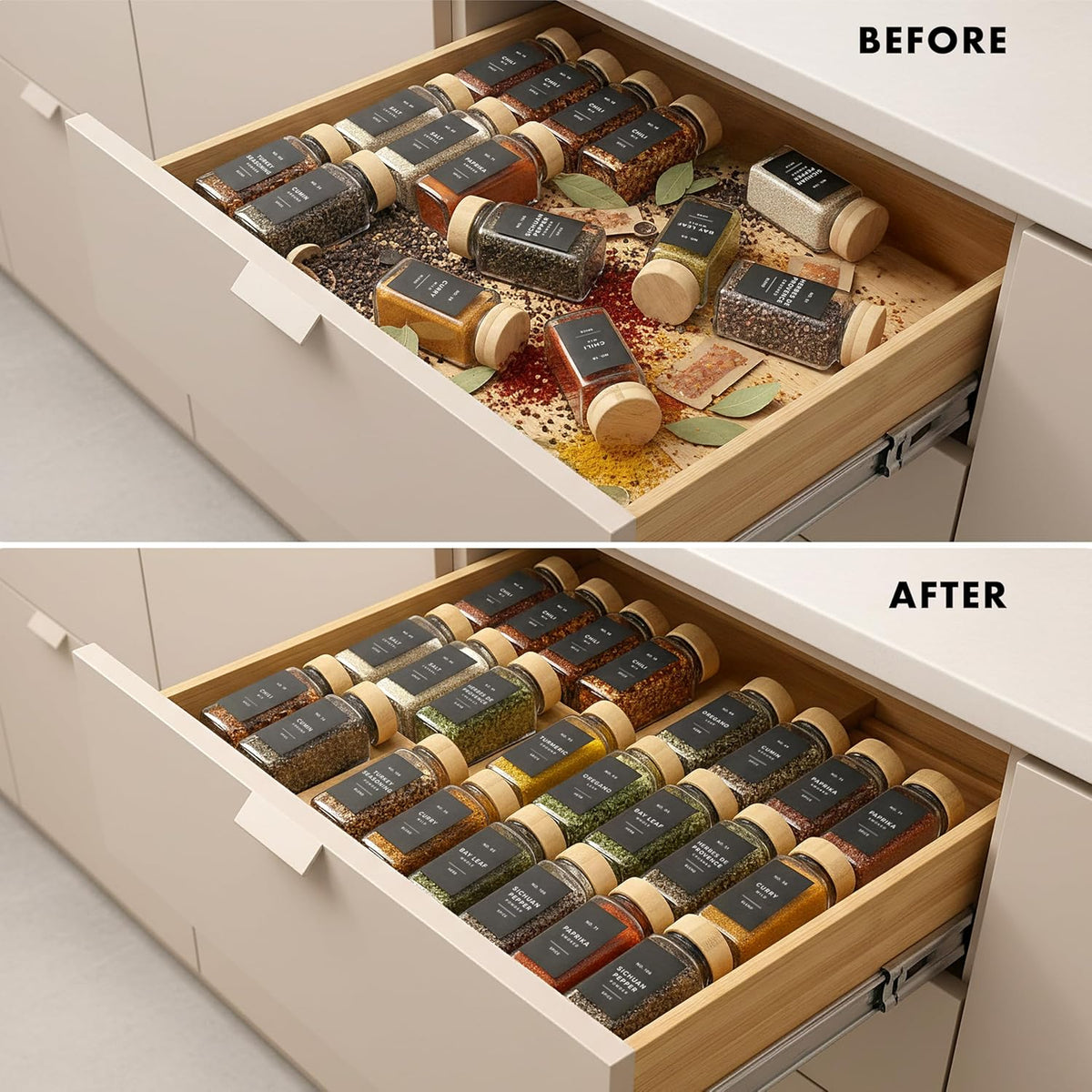 Bamboo Spice Drawer Organizer - Expandable 4 Tier Spice Rack (Need 3" Deep Drawer) 12" to 24" Wide, Seasoning Organizer, Organization Seasoning Rack insert (Jars Not Included)